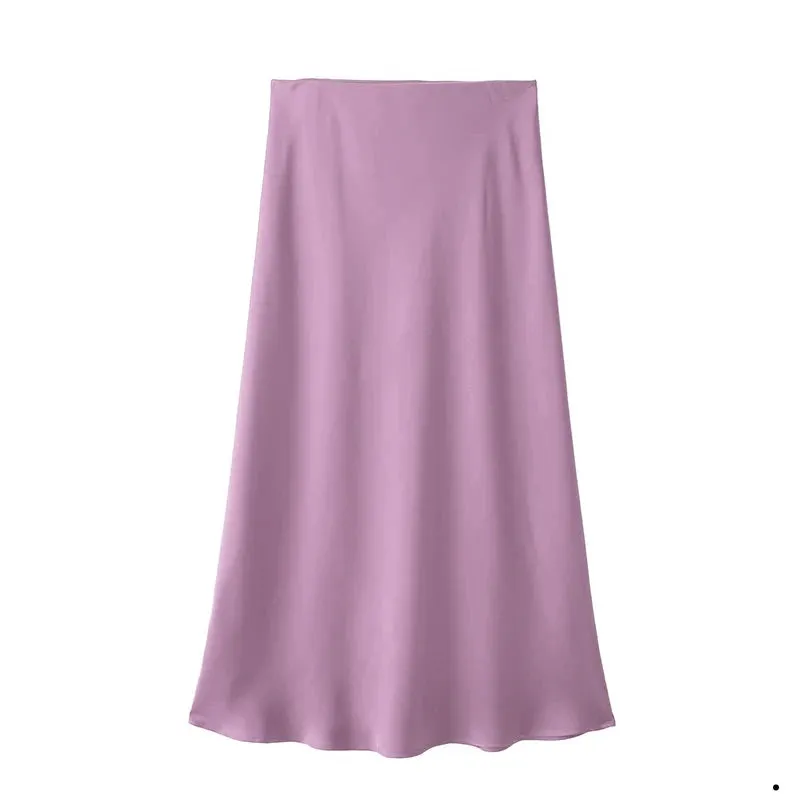 Women's Vintage Fashion Satin Solid Pleated Midi Skirt
