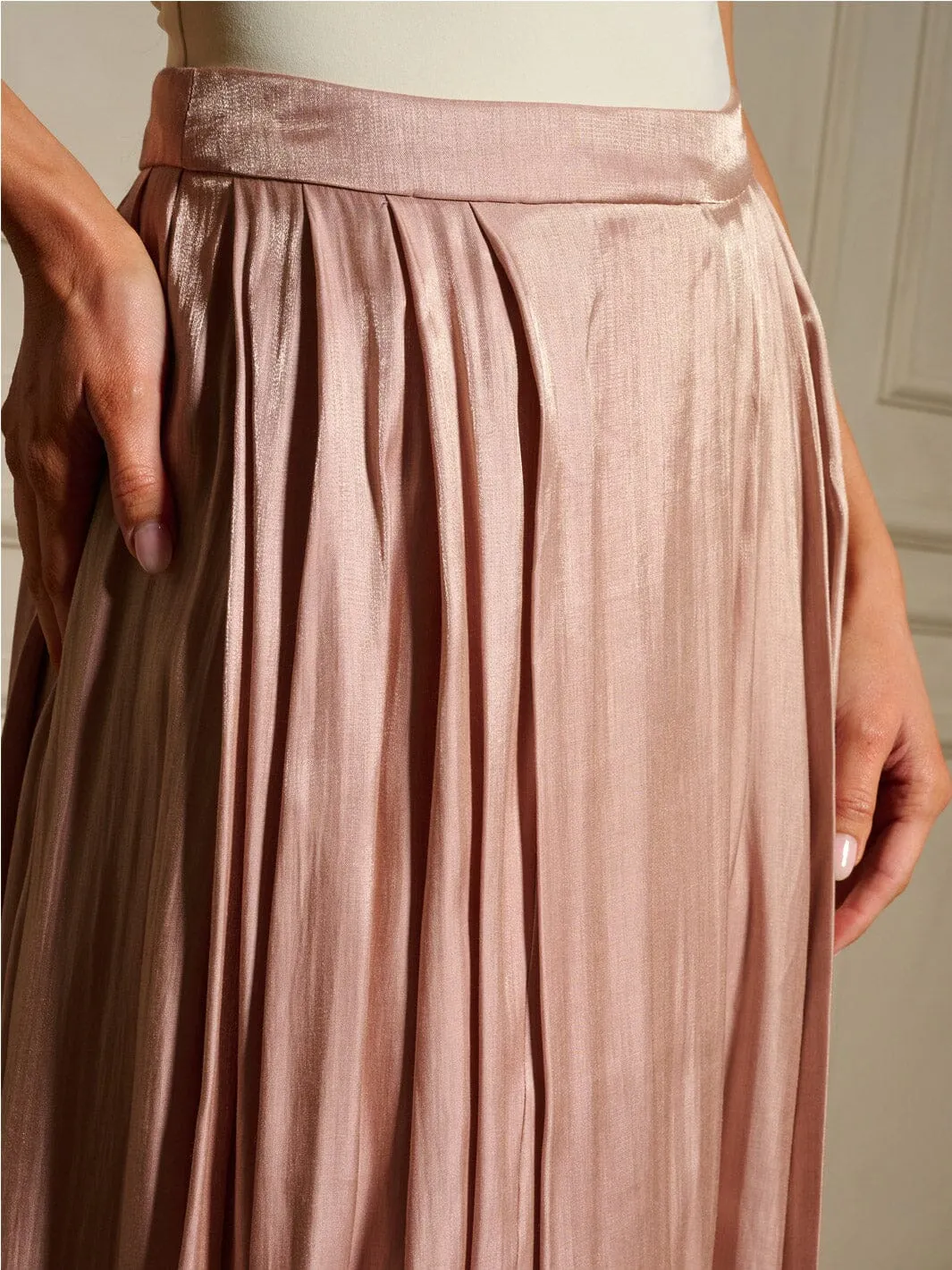 WOMEN'S ZIP UP PLEATED SHIMMER MAXI SKIRT