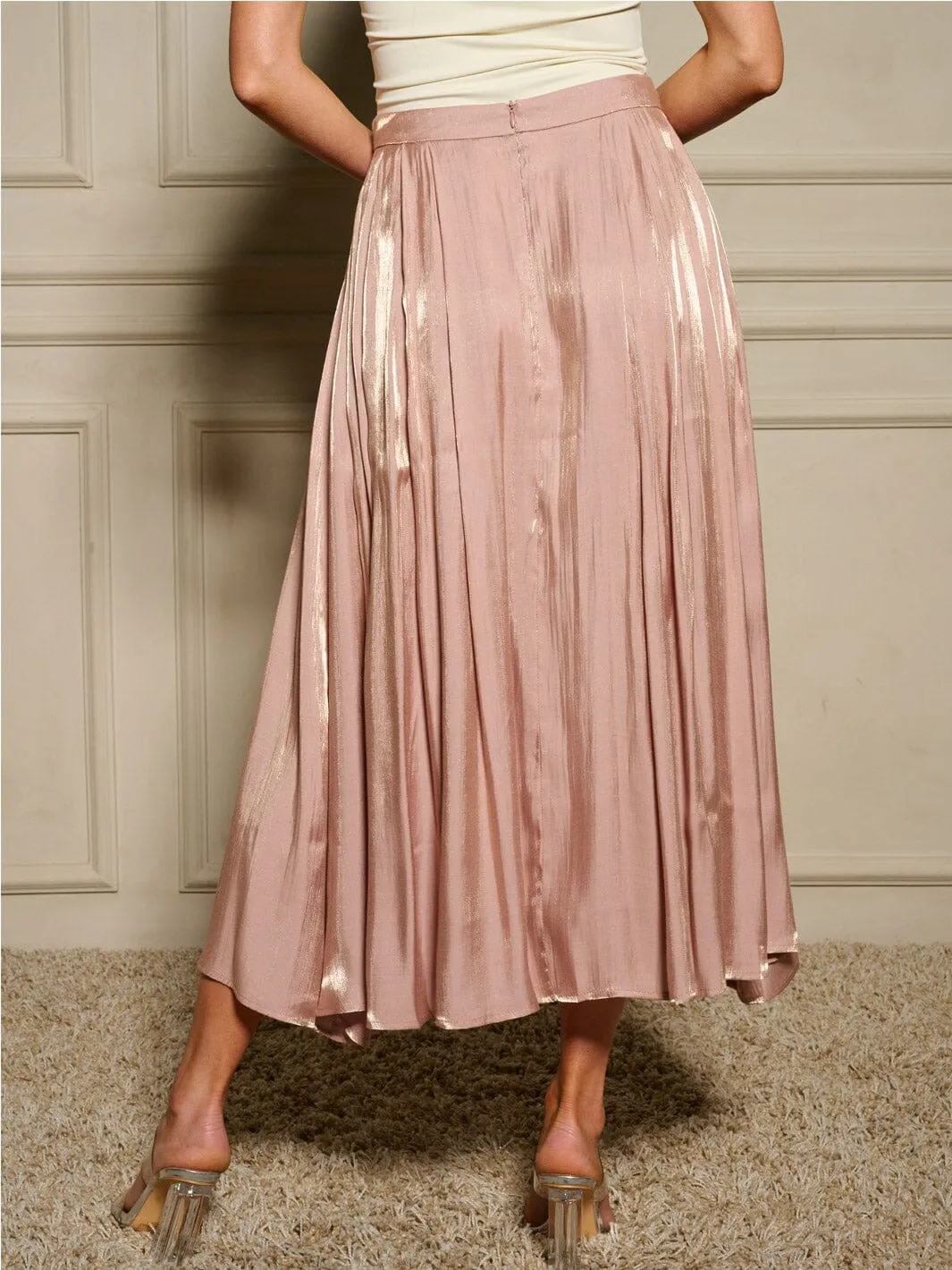 WOMEN'S ZIP UP PLEATED SHIMMER MAXI SKIRT