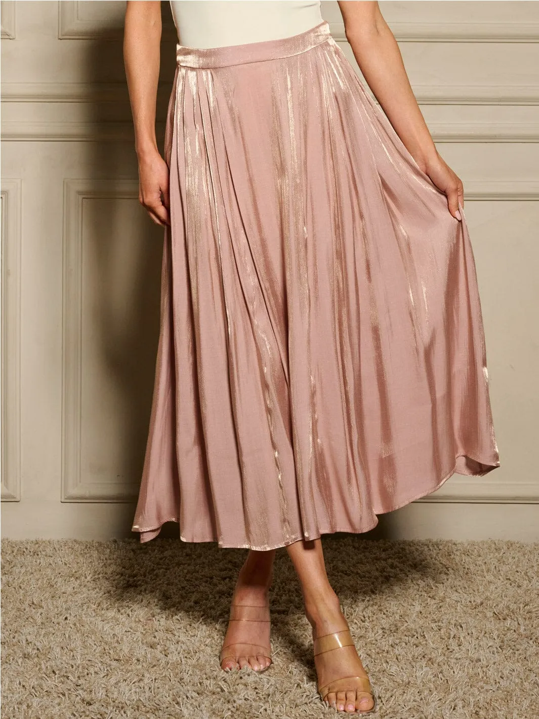 WOMEN'S ZIP UP PLEATED SHIMMER MAXI SKIRT