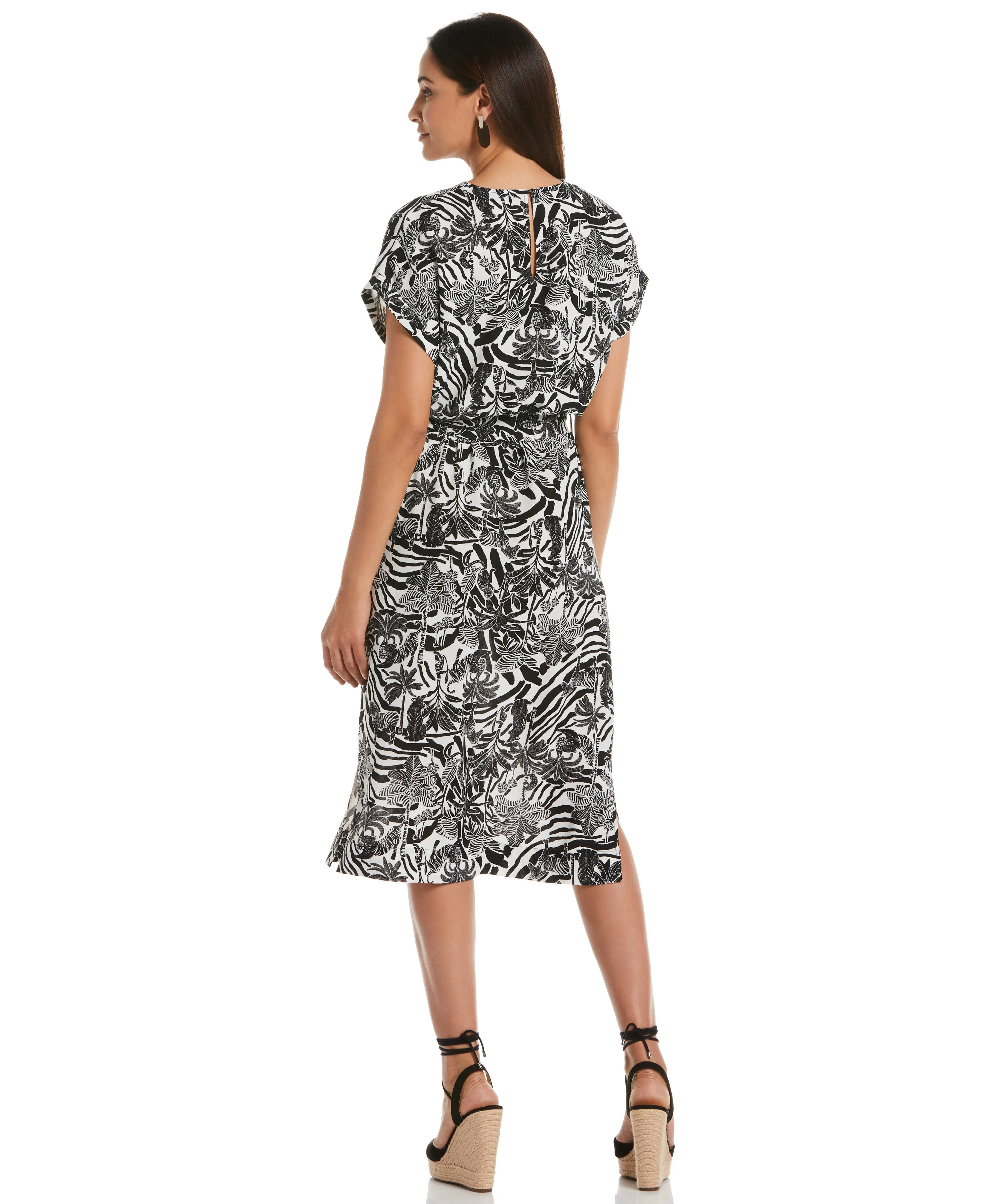 Zebra Print V-neck Midi Dress with Self Fabric Tie